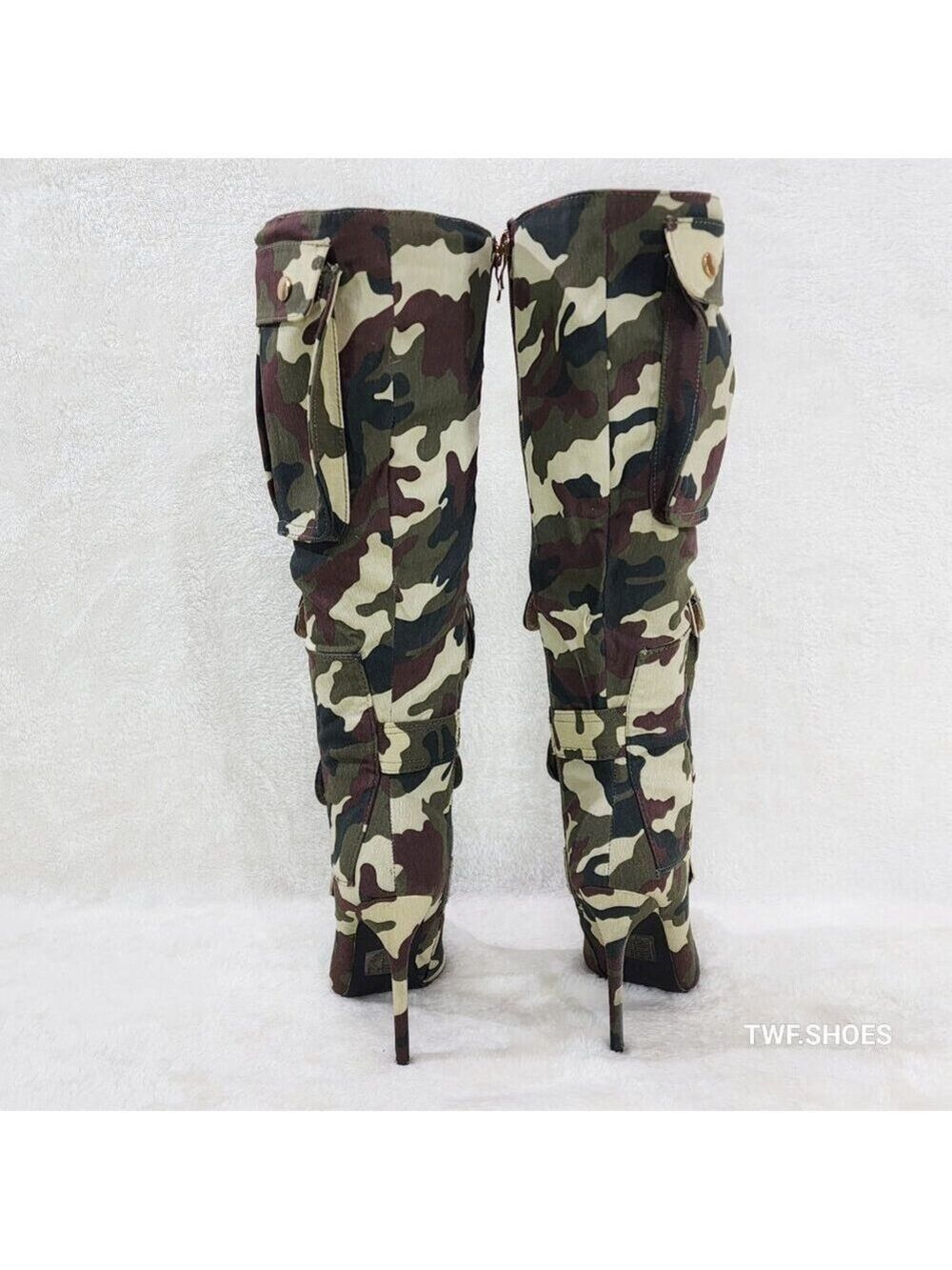 Army Girlz Canvas Camouflage Camo Cargo Knee High Stiletto Heel Boots - Picture 5 of 12